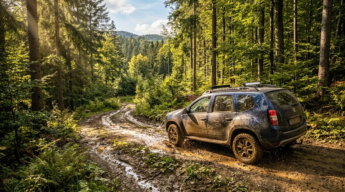 Dacia Duster roulant sur un chemin de forêt pour une aventure en 4x4
