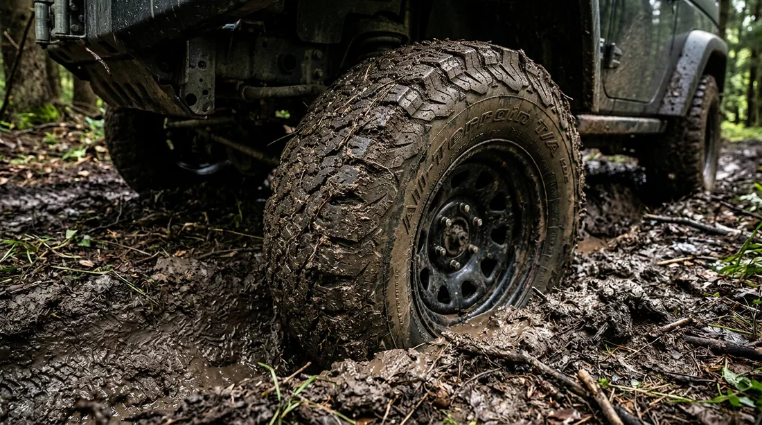 Détail d'une roue de 4x4 tout-terrain dans la boue