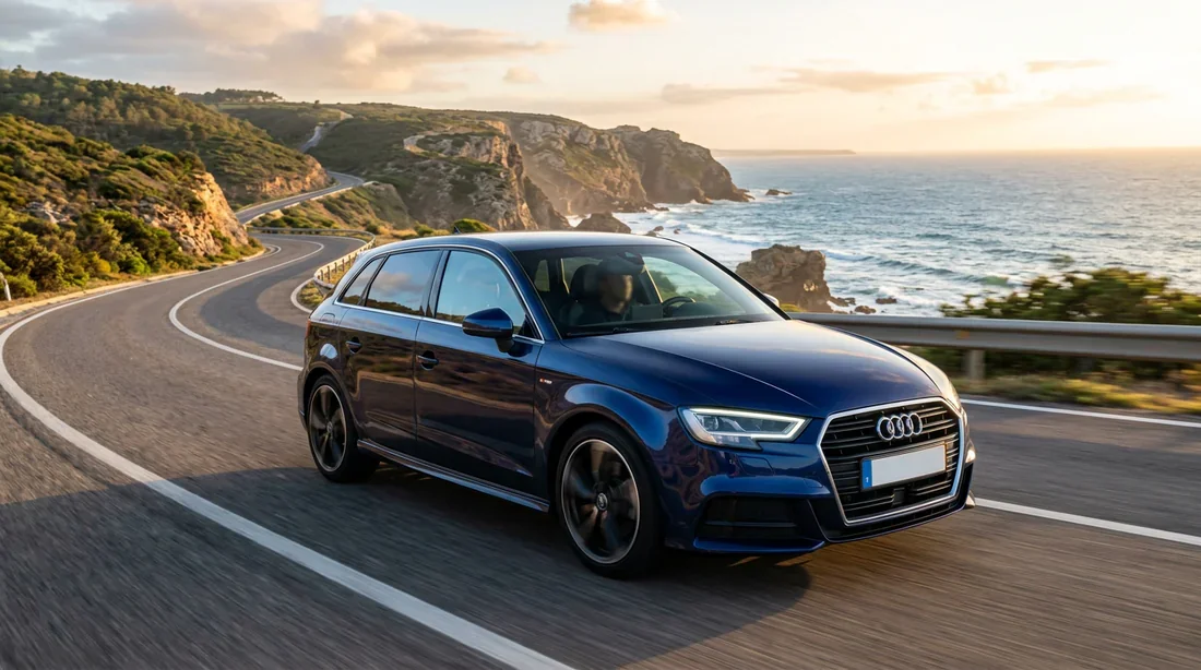 Audi A3 8V S-Line circulant sur une route panoramique