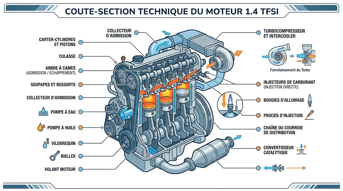 Architecture moteur 1.4 TFSI Schéma technique du moteur 1.4 TFSI Audi