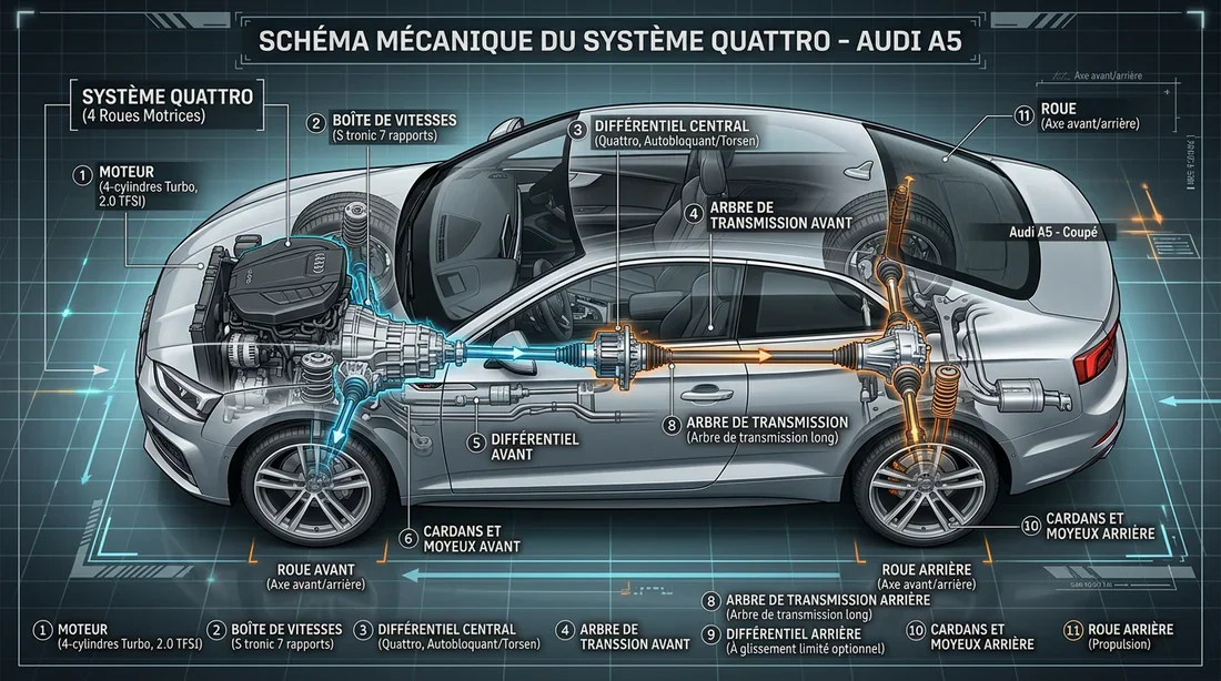 Schéma technique Quattro Schéma de la transmission Quattro Audi