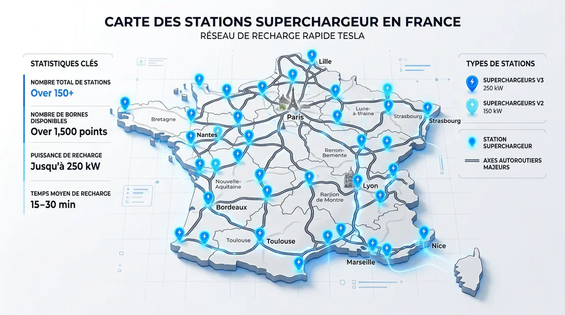 Carte des stations de recharge Supercharger Tesla en France