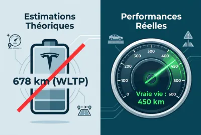 Comparaison infographique entre l'autonomie WLTP et l'autonomie réelle Tesla