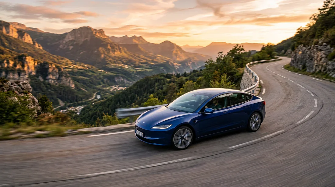 Une Tesla Model 3 Highland roulant sur une route de montagne en France