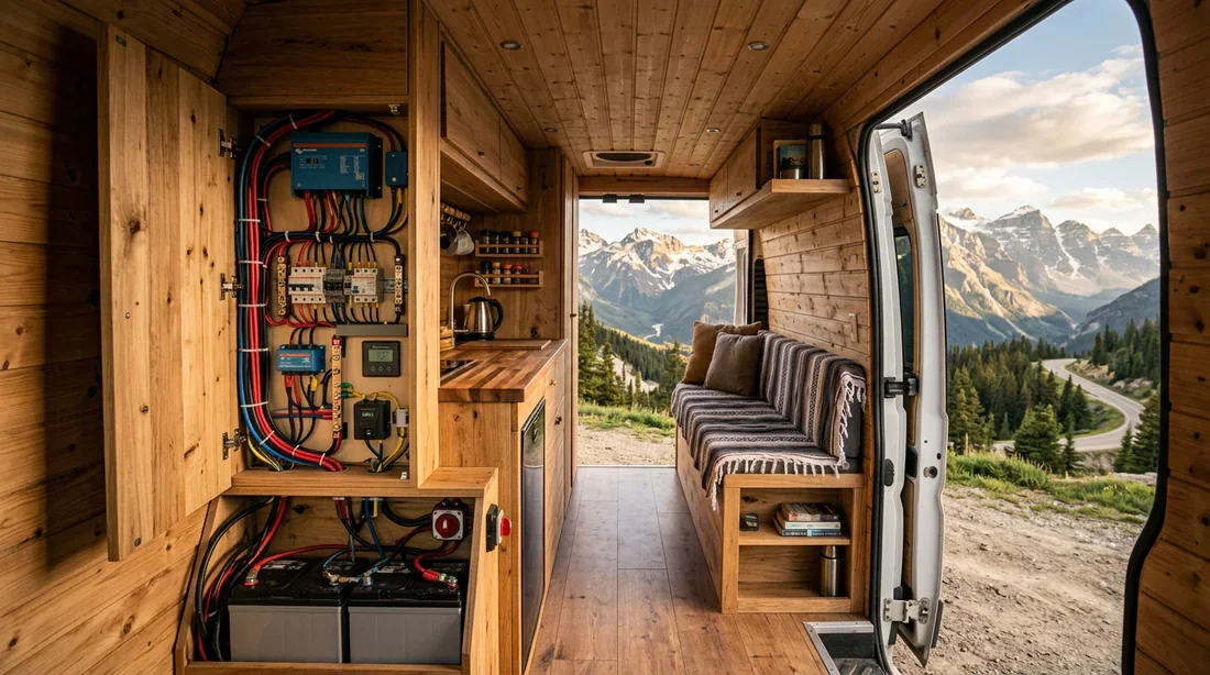 Aménagement intérieur électrique d'un fourgon Peugeot Boxer aménagé avec vue sur la nature