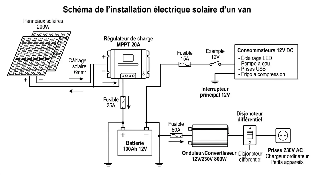 Schéma électrique simple pour installation solaire fourgon