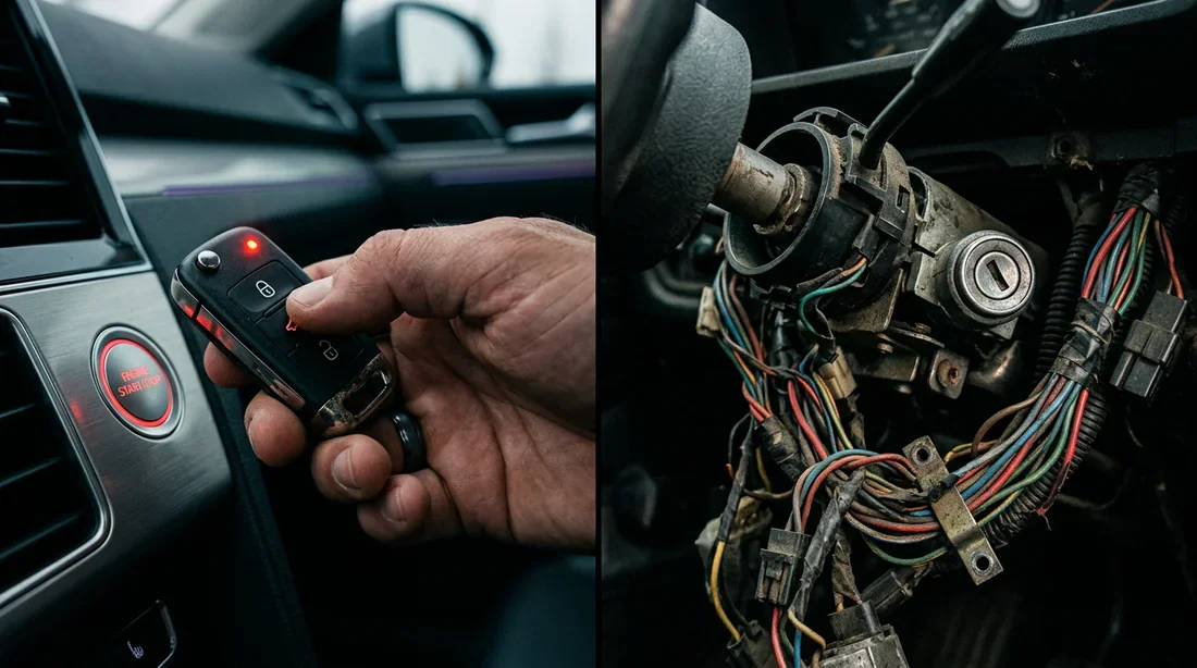 Comparaison entre une clé électronique de voiture en panne et le câblage d'un ancien système de démarrage