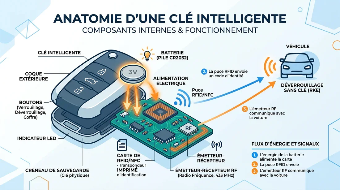 Schéma explicatif du fonctionnement d'une clé de voiture intelligente