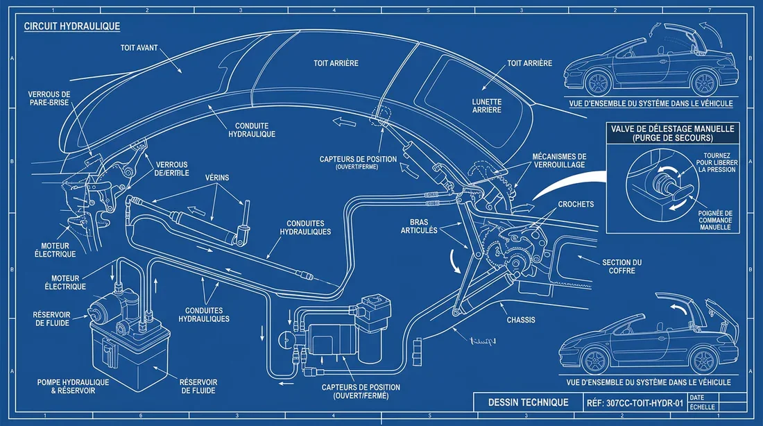 Diagramme technique du mécanisme de toit hydraulique 307 CC