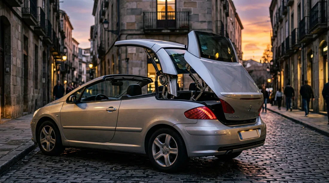 Peugeot 307 CC avec toit décapotable bloqué à mi-chemin