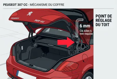 Schéma de réparation du toit Peugeot 307 CC avec clé Allen 6 mm