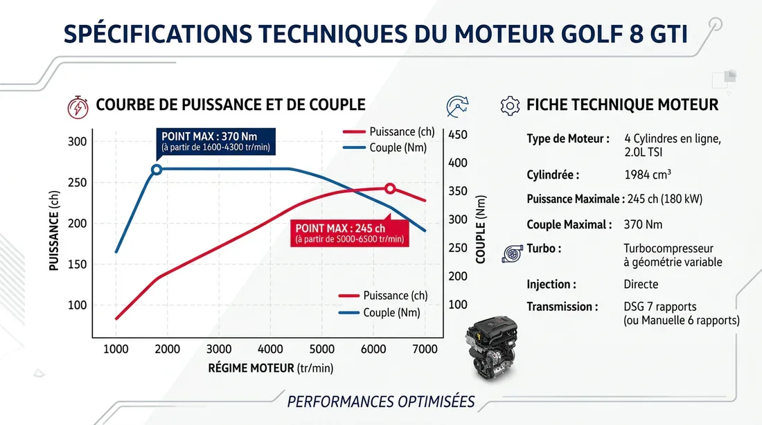 Infographie des caractéristiques techniques du moteur Golf 8 GTI