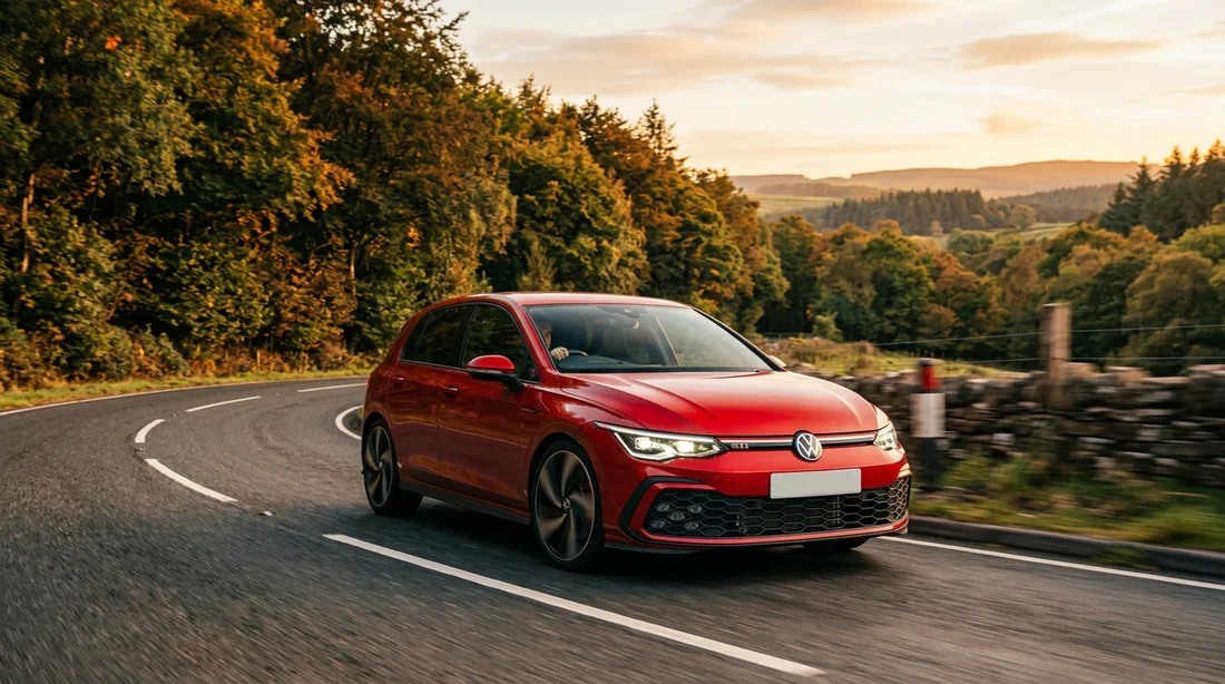 Volkswagen Golf 8 GTI rouge roulant sur une route de campagne