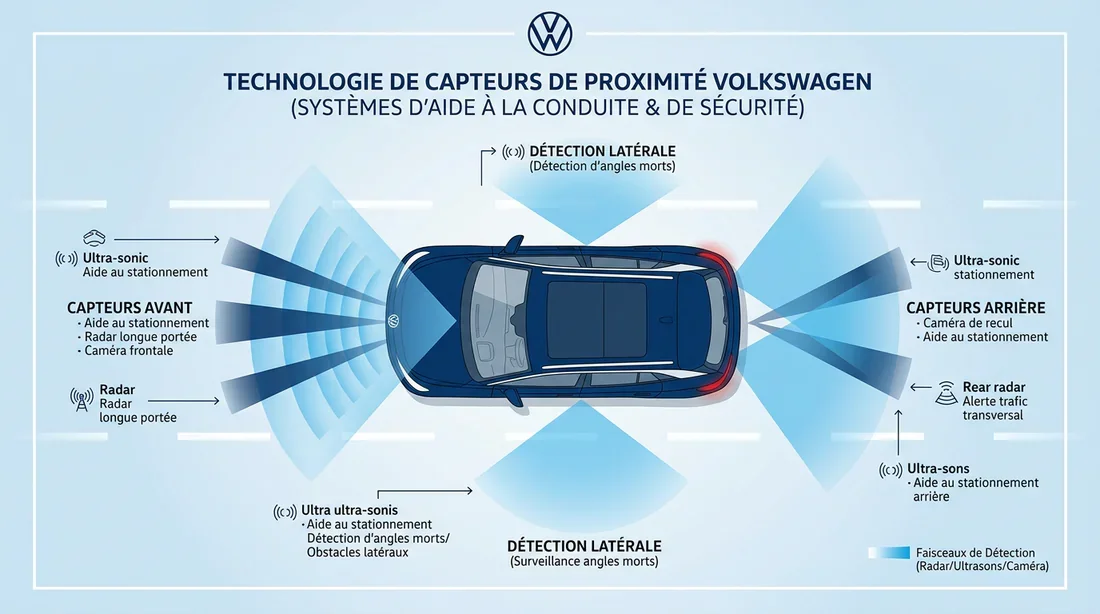 Schéma de fonctionnement des capteurs de proximité sur une Volkswagen