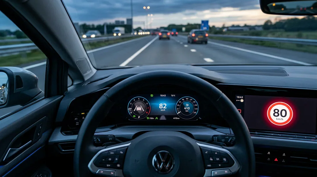 Tableau de bord Volkswagen affichant la limitation de vitesse sur le compteur numérique