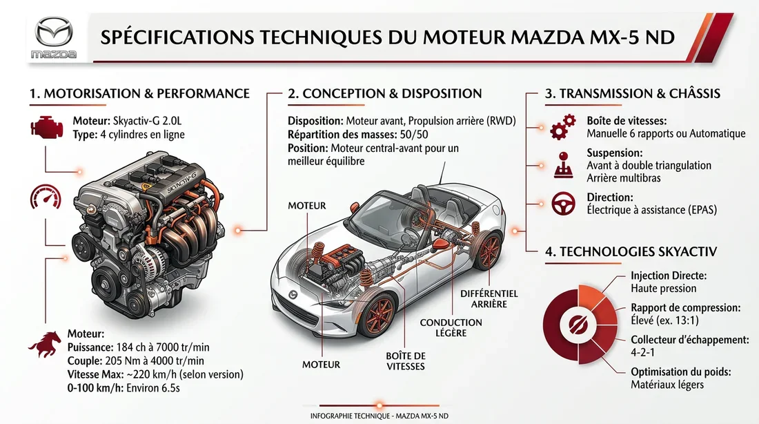 Spécifications techniques de la MX-5 Infographie des caractéristiques techniques de la Mazda MX-5