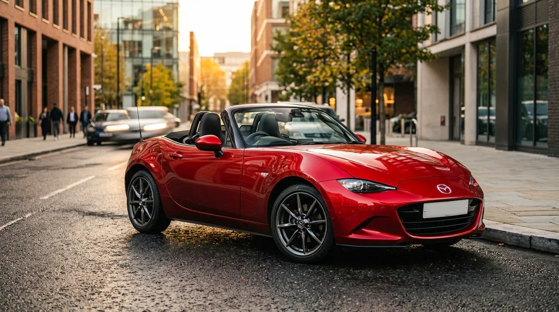Mazda MX-5 ND : Design iconique en milieu urbain Mazda MX-5 ND rouge Soul Red Crystal garée dans une rue urbaine