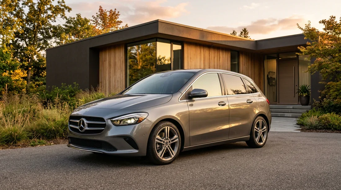 Mercedes Classe B W247 : design extérieur moderne Mercedes Classe B gris montagne garée devant une villa moderne