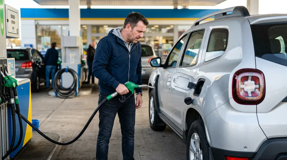Conducteur frustré devant la trappe à carburant ouverte d'un Dacia Duster dans une station-service
