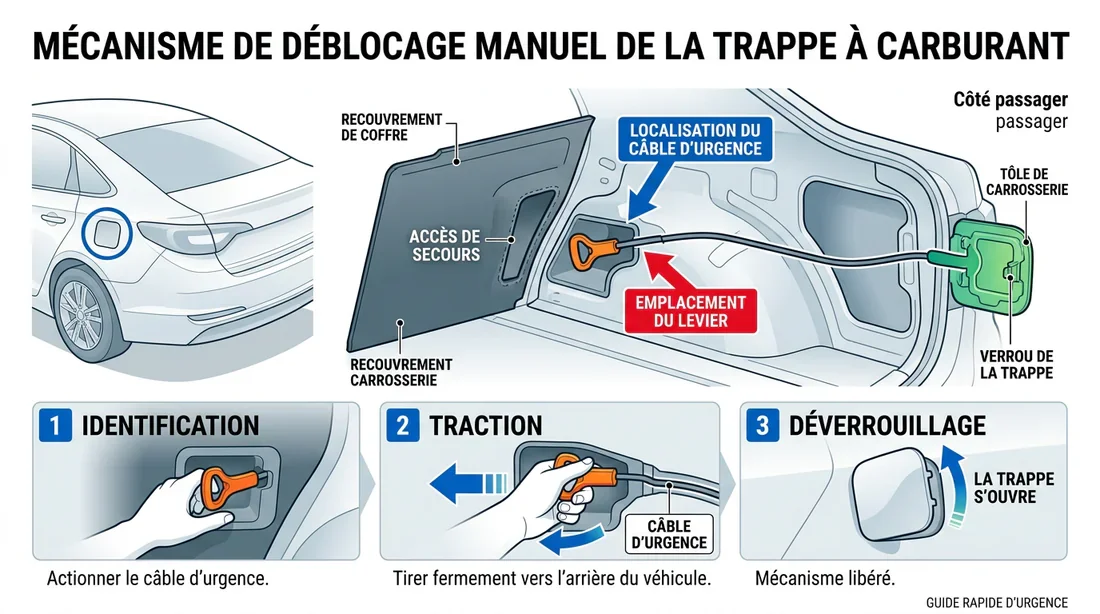 Schéma technique montrant l'emplacement du déverrouillage manuel de la trappe à essence