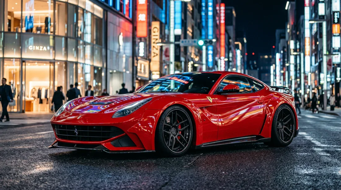 Ferrari F12 Berlinetta wide-body design Ferrari F12 Berlinetta avec kit carrosserie large rouge dans un décor urbain nocturne