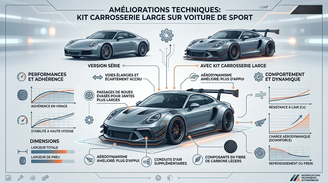 Avantages techniques du kit carrosserie Infographie technique des avantages d'un kit carrosserie large sur Ferrari