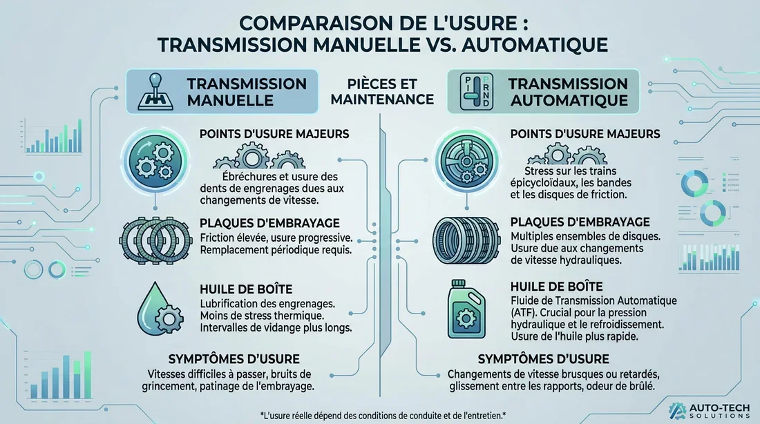 Usure des composants de transmission Infographie comparant l'usure entre boîte manuelle et automatique