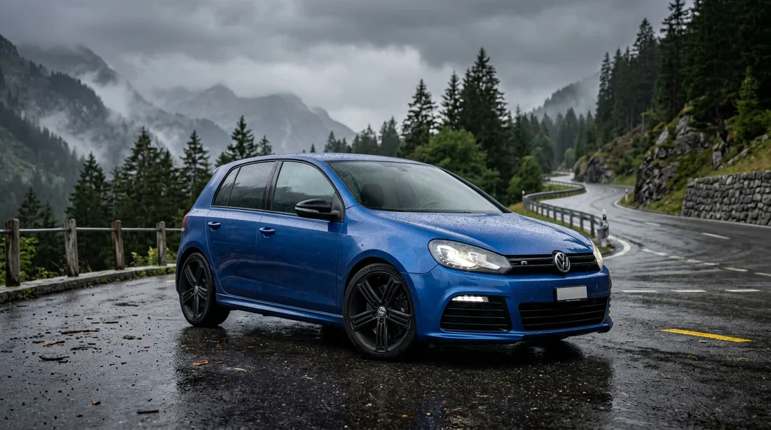 Volkswagen Golf 6 R bleue sur une route de montagne humide