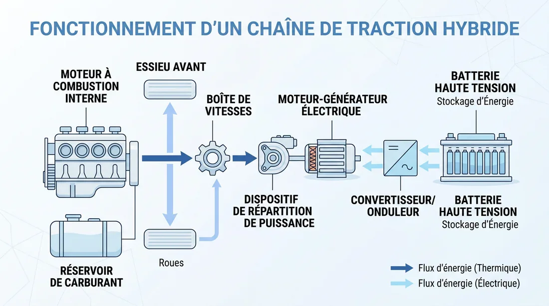 Schéma technique du système hybride de la Volkswagen Golf