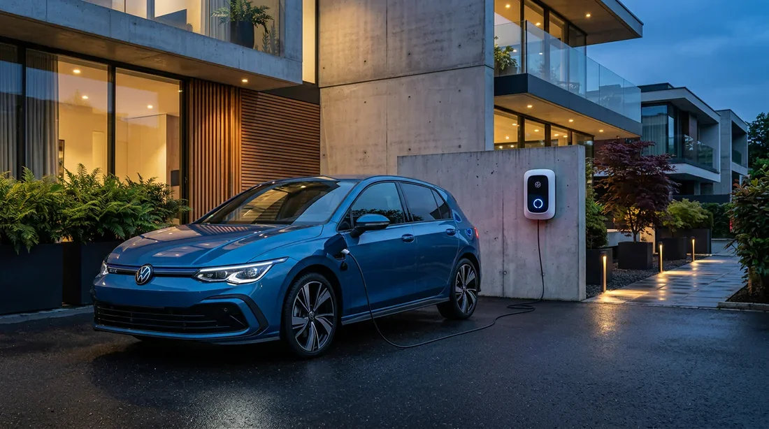 Volkswagen Golf 8 eHybrid en charge sur une borne murale moderne