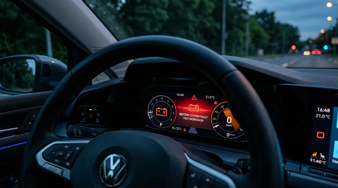 Tableau de bord Volkswagen Golf 8 avec voyant batterie rouge