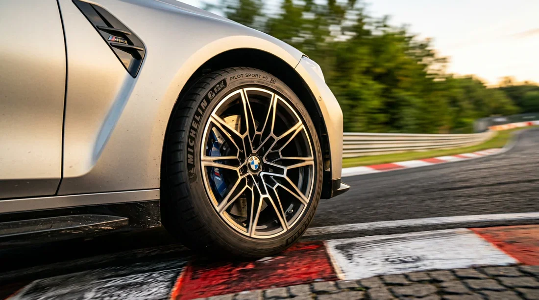 BMW M3 en plein virage dynamique, accent sur les roues et les jantes premium
