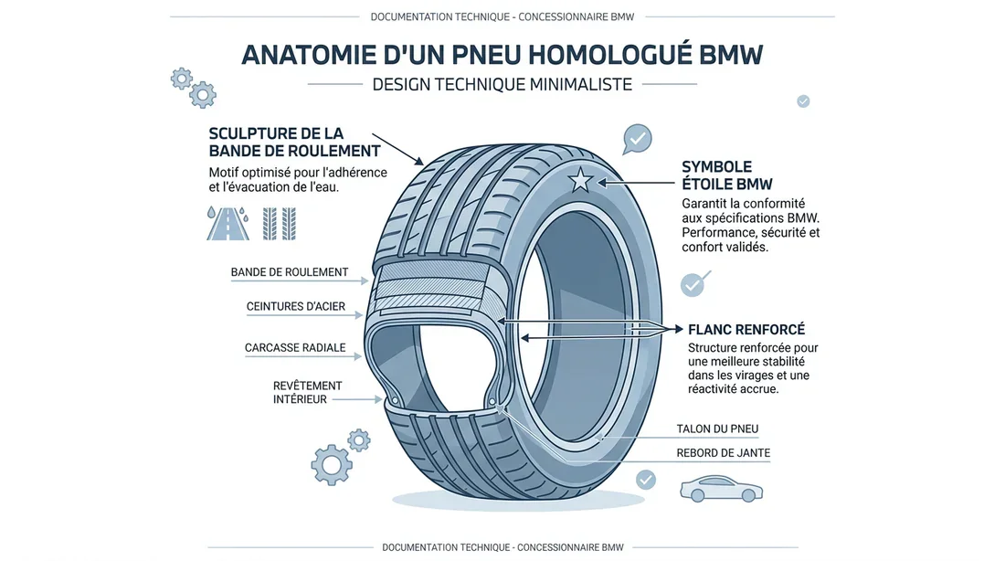 Infographie technique sur les composants d'un pneu homologué BMW