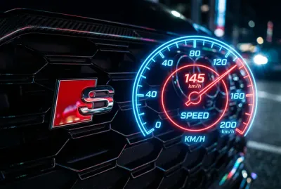 Gros plan du logo S rouge d'une calandre Mini Cooper avec compteur de vitesse néon
