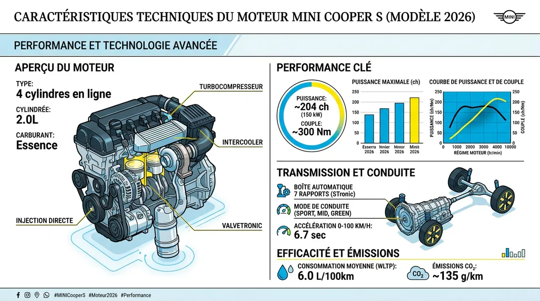 Infographie des spécifications techniques du moteur de la Mini Cooper S 2026
