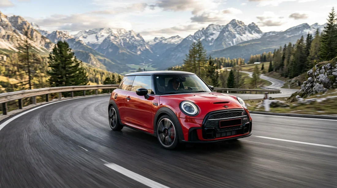 La nouvelle Mini Cooper S 2026 rouge en pleine conduite dynamique sur une route de montagne sinueuse