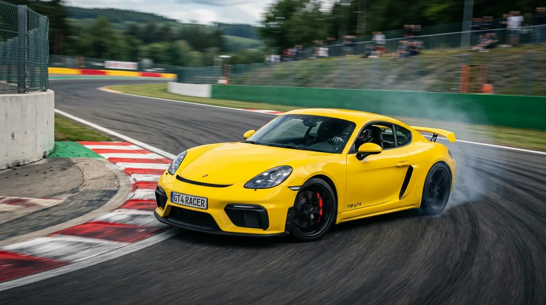 Porsche 718 Cayman GT4 Jaune Racing en plein virage sur circuit
