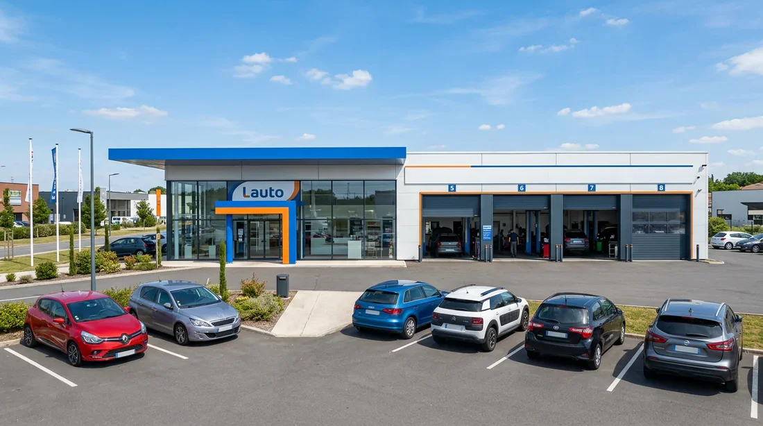 Façade extérieure moderne du centre auto E.Leclerc avec parking client