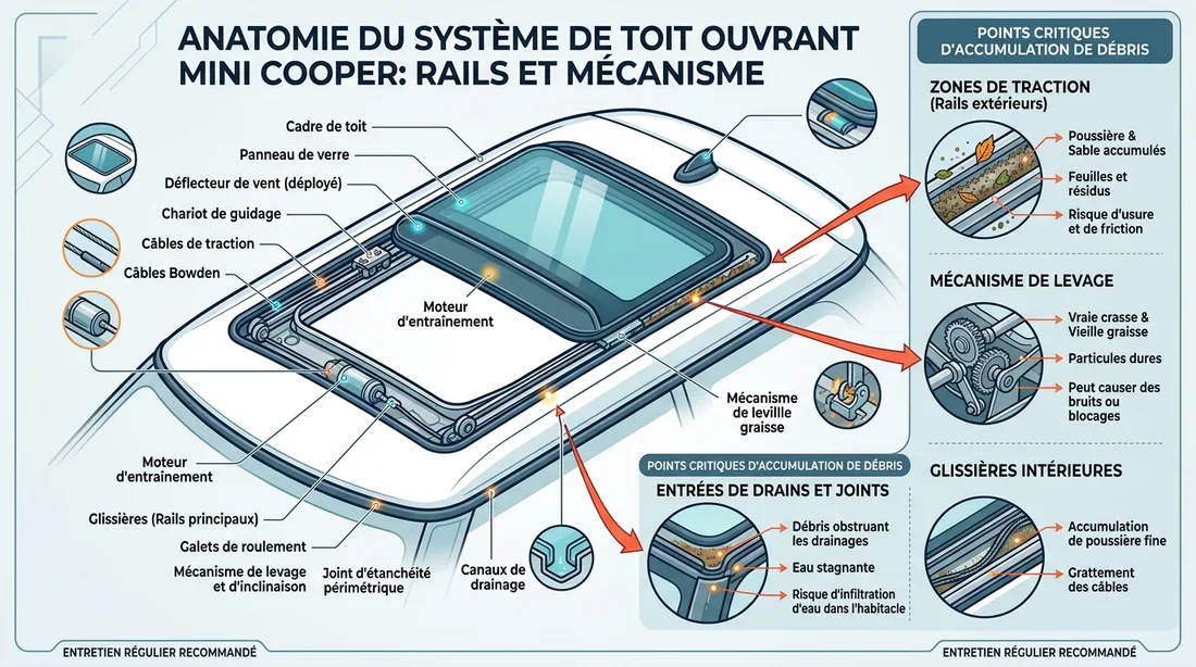 Schéma technique des rails de toit ouvrant Mini Cooper