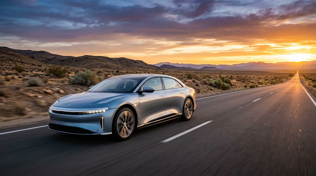 Voiture électrique haute autonomie en voyage Berline électrique premium aérodynamique sur une route désertique au coucher du soleil
