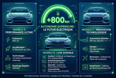 Infographie comparative autonomie voitures électriques 800 km