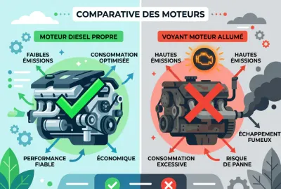 Infographie comparaison moteur diesel propre et moteur défectueux