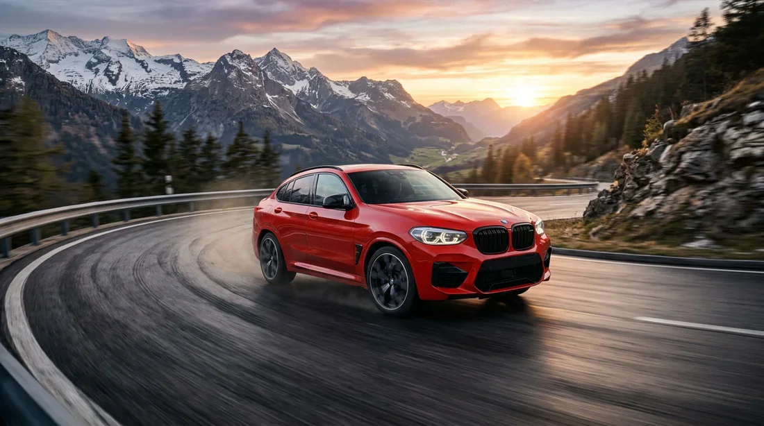 BMW X4 M Competition en action BMW X4 M Competition rouge en accélération sur une route de montagne