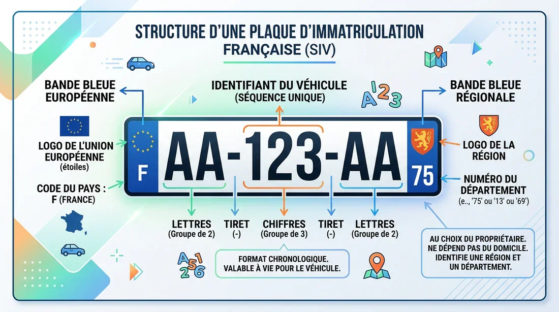 Infographie expliquant la structure d'une plaque d'immatriculation française