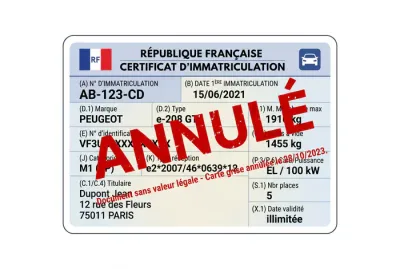 Carte grise française barrée avec un tampon annulé