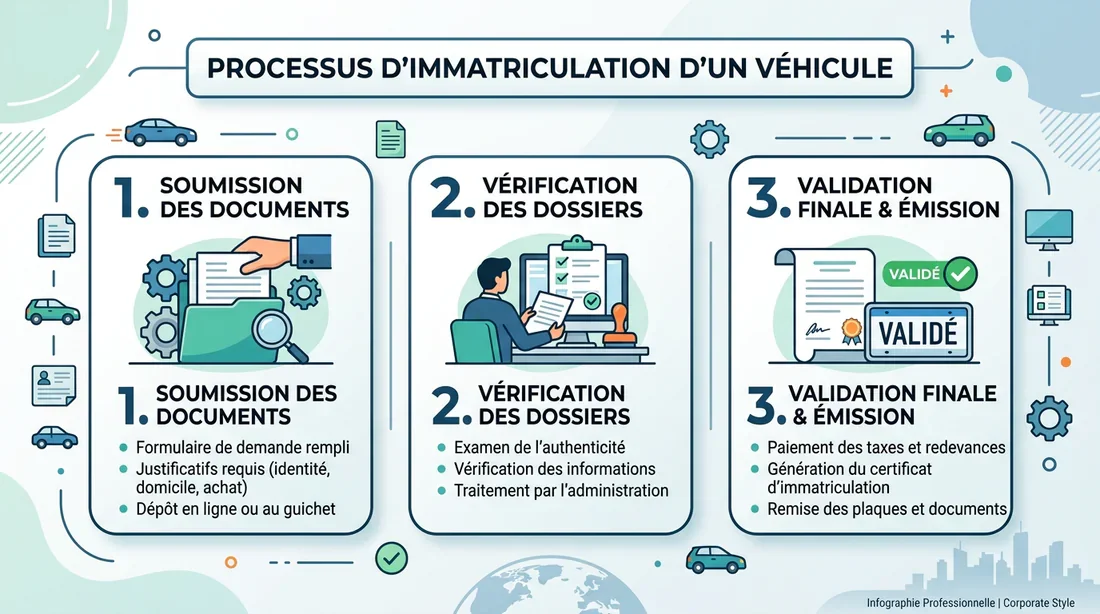 Schéma des étapes administratives Infographie des étapes de la procédure d'immatriculation