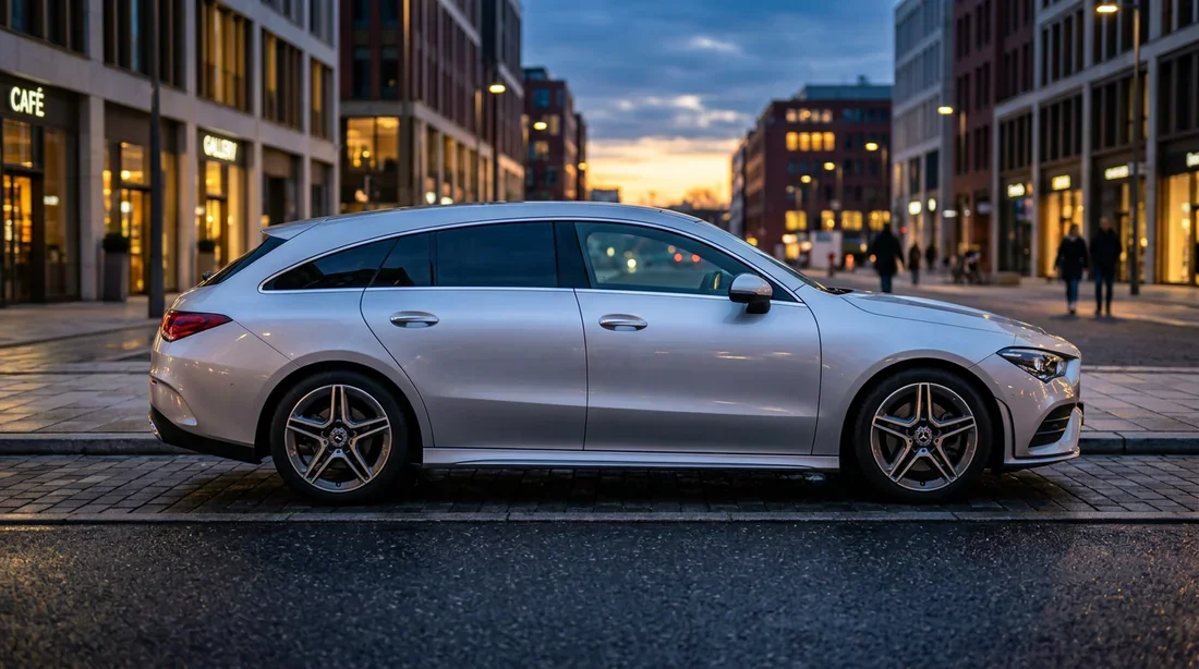 Mercedes CLA Shooting Brake : design et profil Vue latérale élégante d'une Mercedes-Benz CLA Shooting Brake dans un cadre urbain moderne
