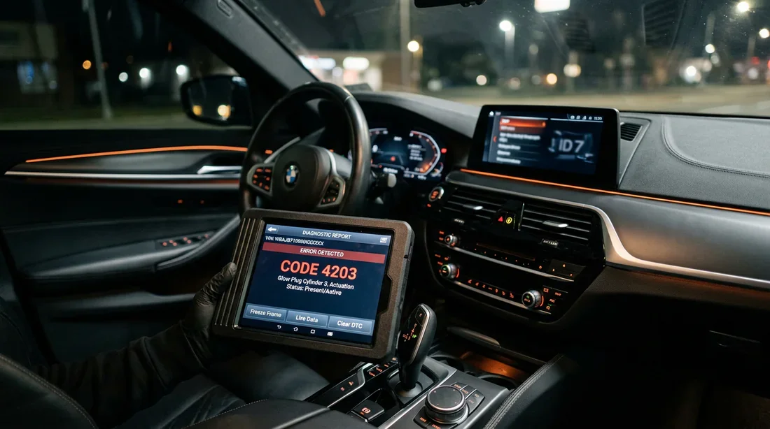 Tableau de bord BMW avec une valise de diagnostic affichant le code 4203