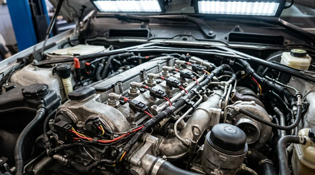 Vue du moteur diesel BMW et de l'emplacement du système de préchauffage