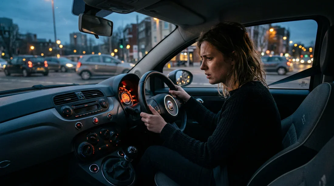 Conducteur perplex devant le tableau de bord de sa Fiat 500 Conducteur inquiet au volant d'une Fiat 500 observant un voyant d'alerte sur son tableau de bord